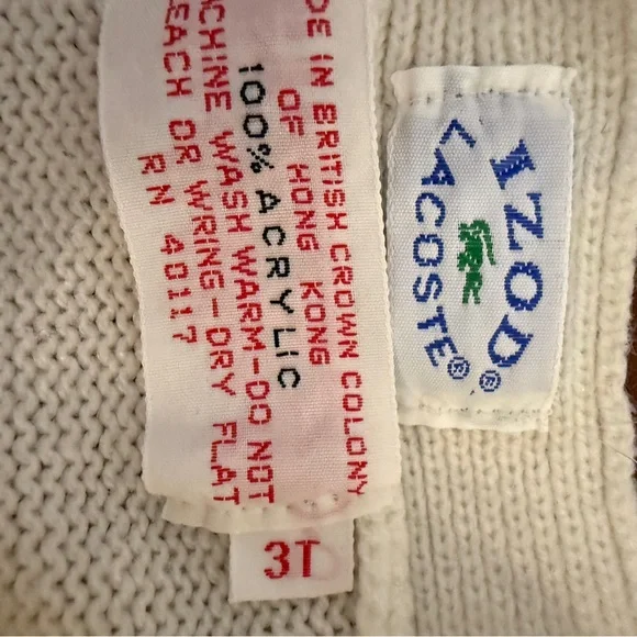 Vintage Lacoste IZOD Kids Cardigan Sweater Cream Red Buttons Striped Sleeve 3T - Picture 7 of 7